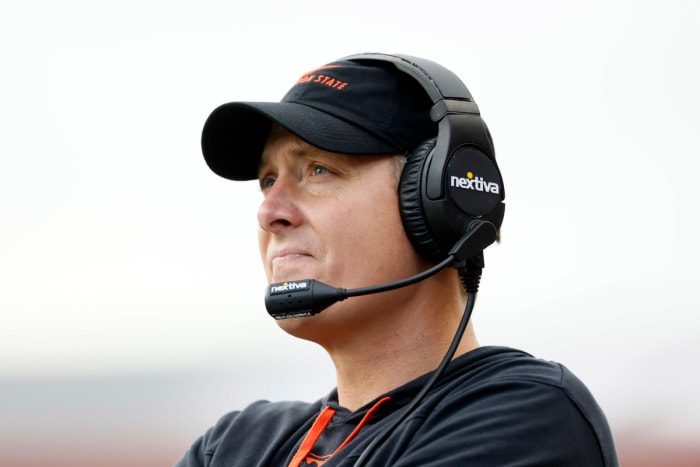 Nov 13, 2021; Corvallis, Oregon, USA; Oregon State interim defensive coordinator Trent Bray looks on during the first half against the Stanford Cardinal at Reser Stadium. Mandatory Credit: Soobum Im-USA TODAY Sports